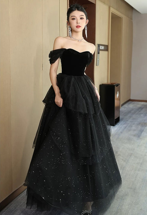 A-line Black Tulle and Velvet Layers Long Party Dress, Off Shoulder Black Prom Dress